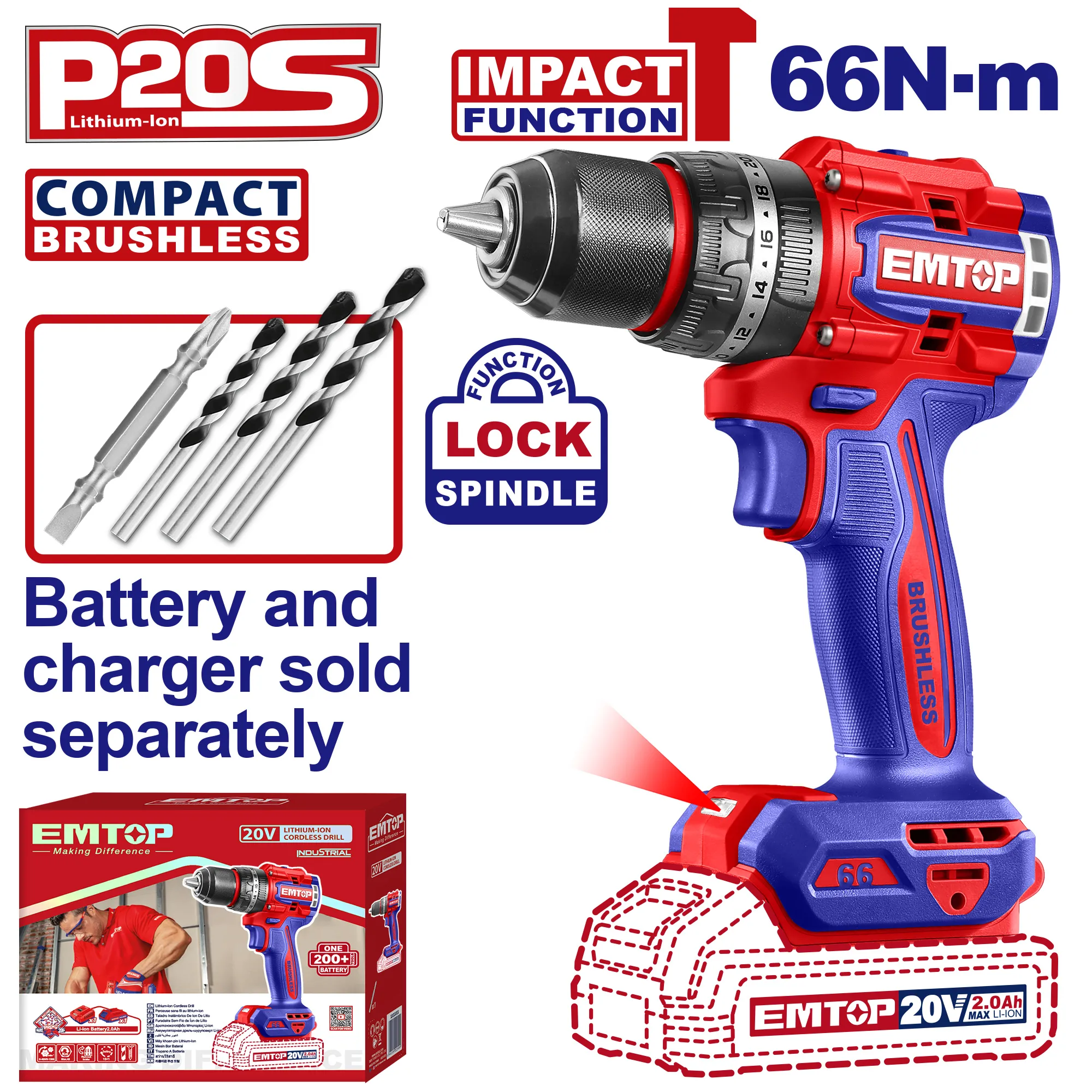 Perceuse à percussion brushless 20v 66NM ECIDL206681 EMTOP Tunisie