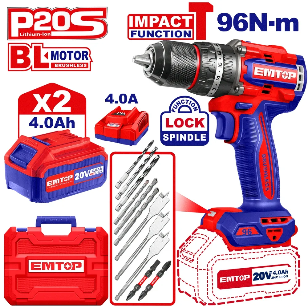 Perceuse à percussion Brushless 20v 96NM ECIDL20968 + Accessoires EMTOP Tunisie