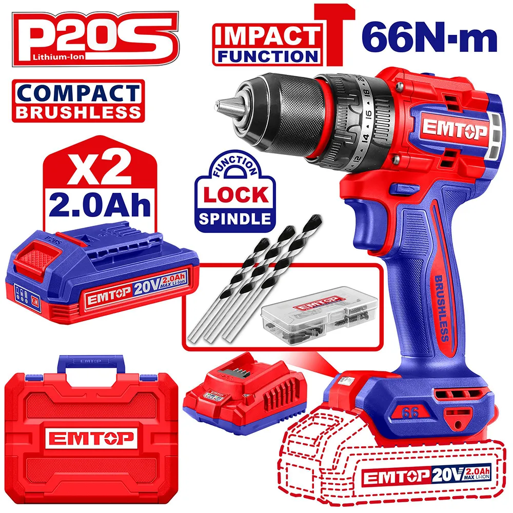 Perceuse à percussion brushless 20v 66NM + AC ECIDL20668 EMTOP Tunisie